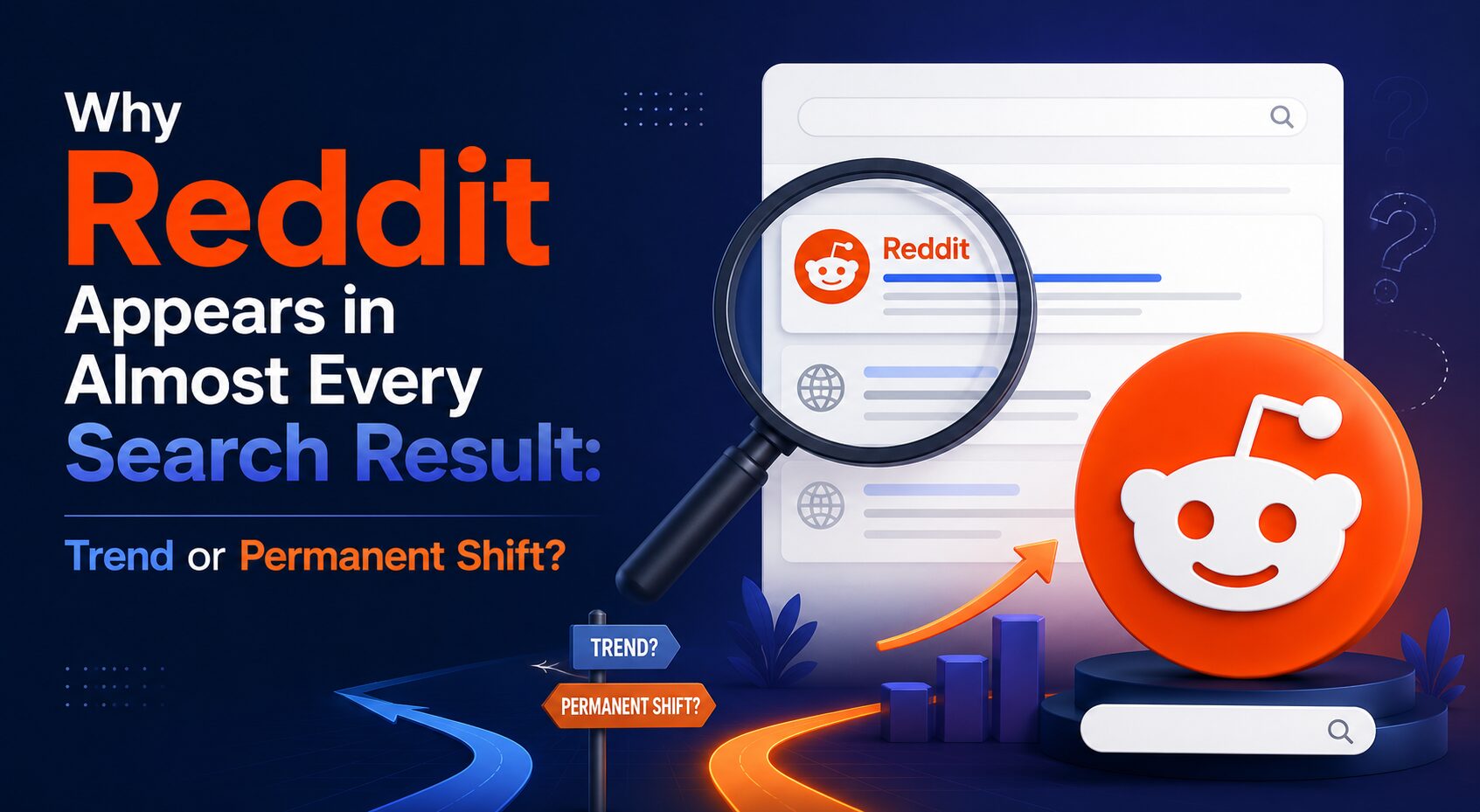 Reddit search visibility trend illustration with SEO analytics and search result graphics.