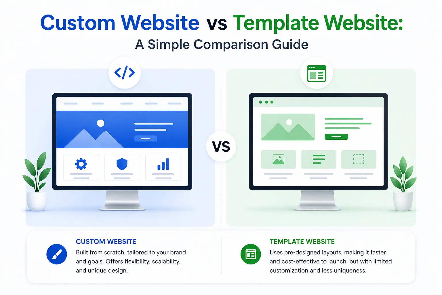 Custom website vs template website pros and cons illustration