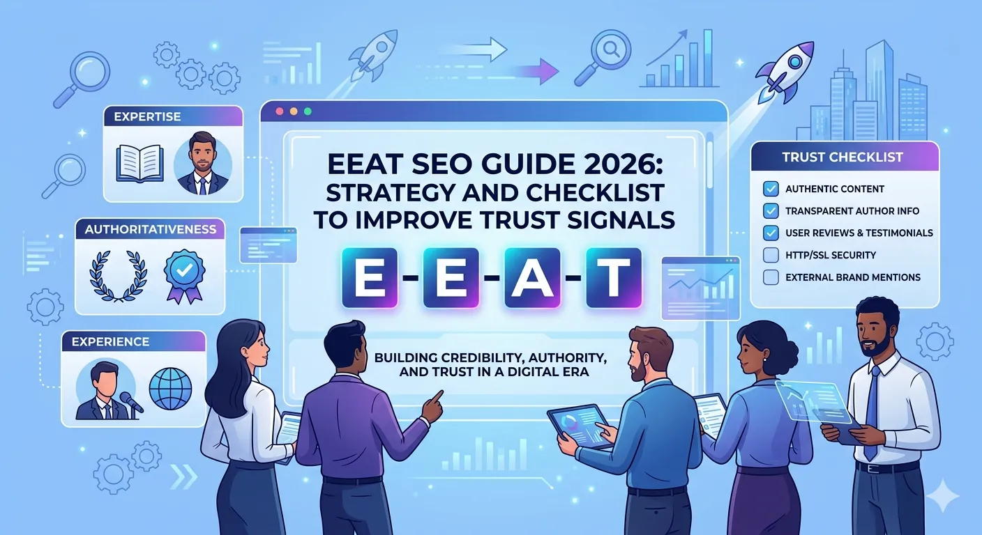 EEAT SEO Guide 2026 graphic showing Experience, Expertise, Authority, and Trust with SEO trust signal icons.