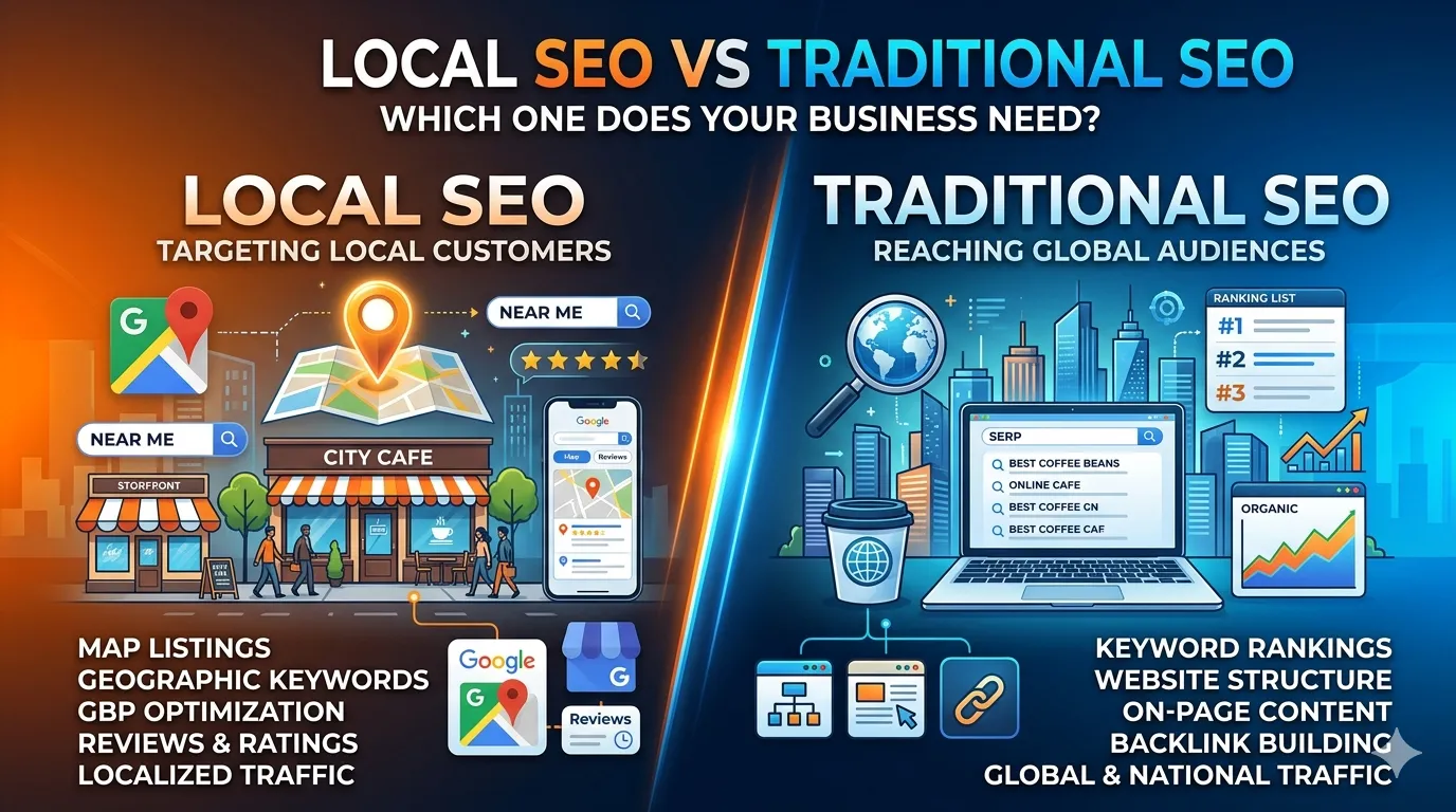 Local SEO vs Traditional SEO comparison with maps rankings, reviews, keywords, backlinks, and traffic growth.