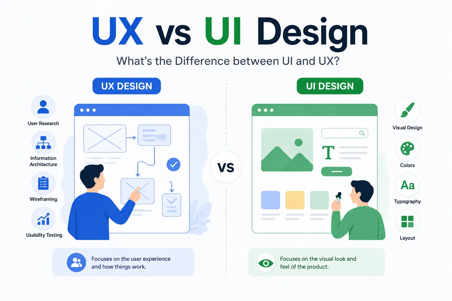 UX vs UI design comparison for web and app design with key components