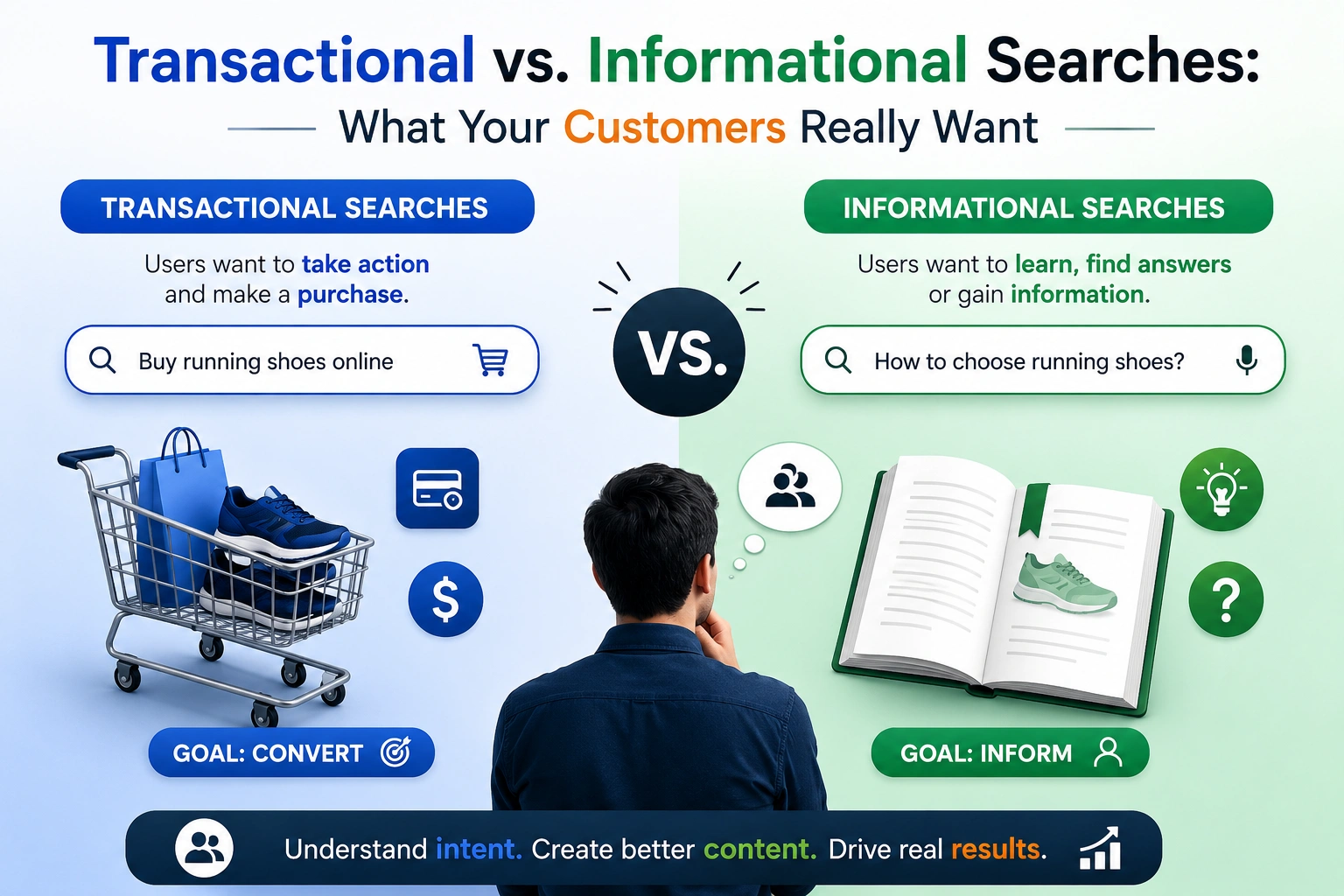 Transactional vs informational keywords in SEO illustration.
