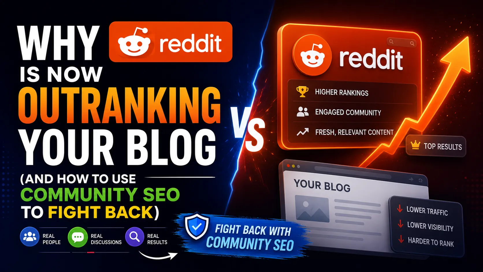 Reddit outranking blogs in Google search results with Community SEO strategies to increase website traffic and brand visibility.