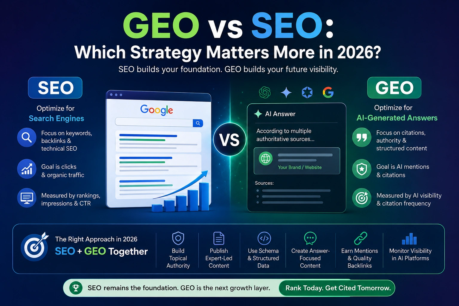 GEO vs SEO comparison for AI search and traditional search optimization