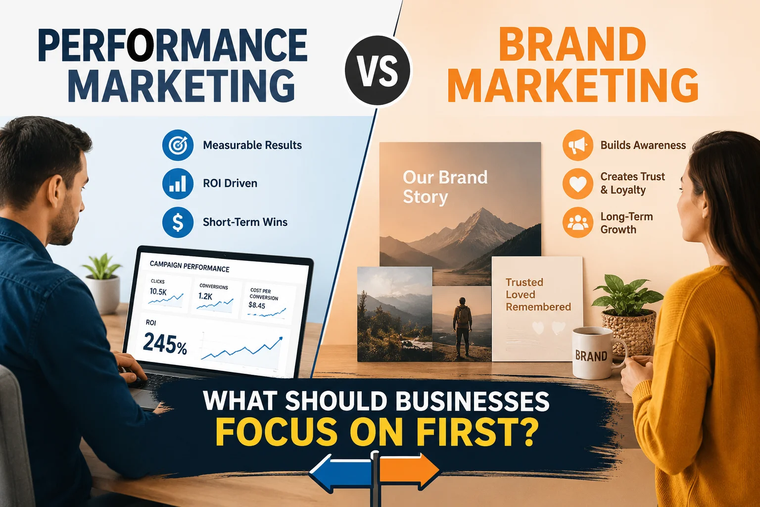 Comparison of performance marketing and brand marketing strategies for business growth