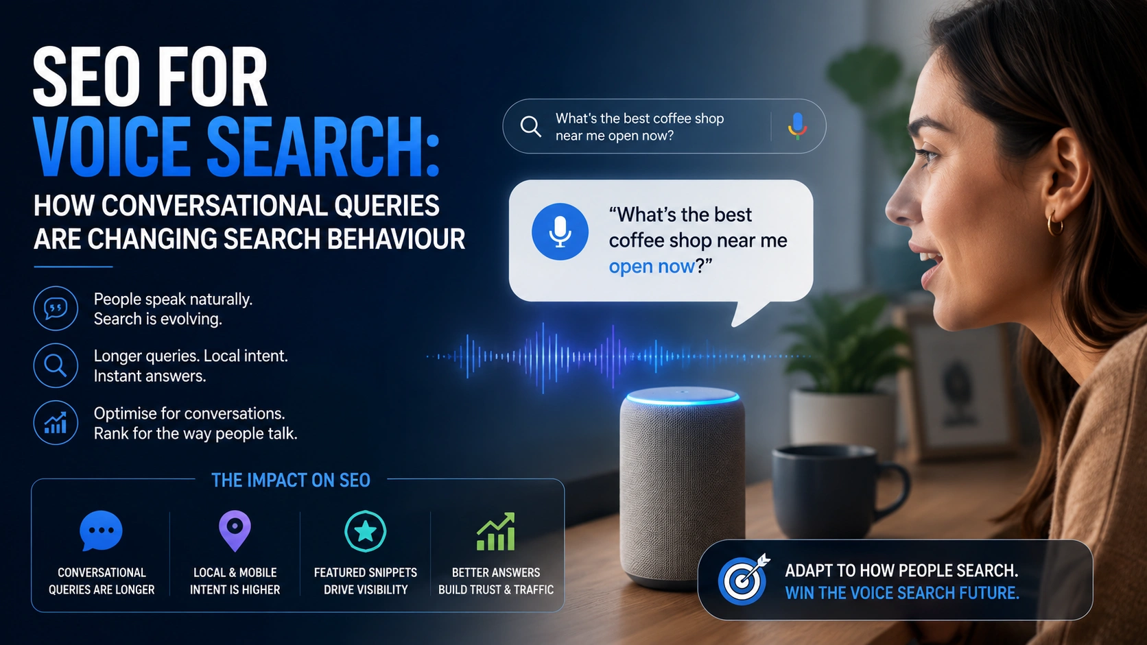 Voice search SEO and smart speaker illustration