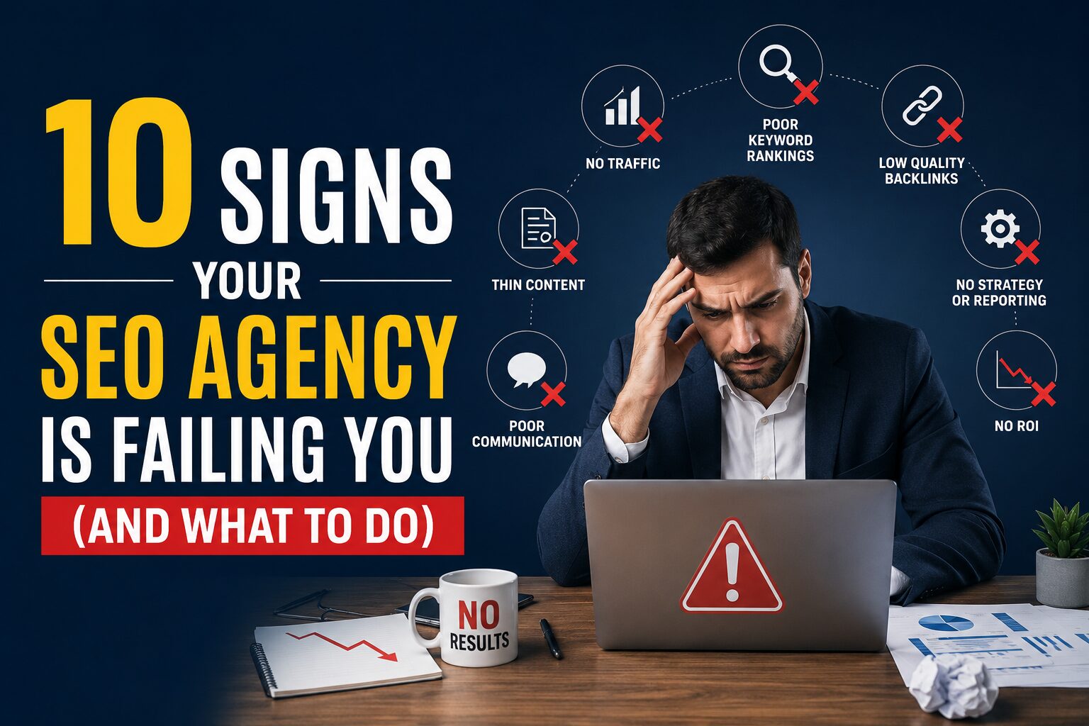 SEO agency warning signs with poor rankings, low traffic, and no ROI.