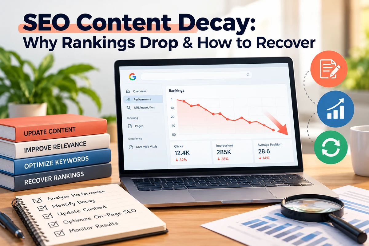 SEO content decay analysis showing ranking drops and recovery strategies