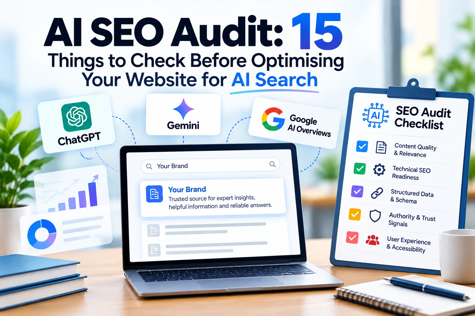 AI SEO audit checklist covering 15 key factors for optimising website visibility in AI search results